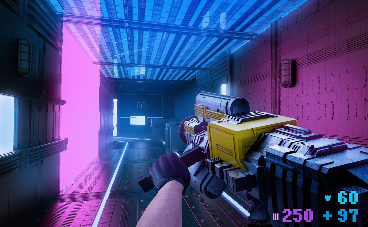 First person shooter game scene with futuristic gun, representing Call of Duty campaign