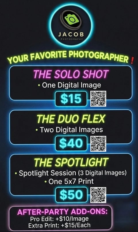 Jacob Photography pricing menu with neon design showing three packages: Solo Shot, Duo Flex, and Spotlight