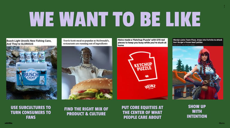 Meme showing four brand marketing strategies: Busch beer, KFC chicken, Heinz ketchup, and a lifestyle brand, each with marketing advice text