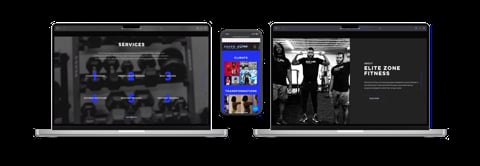Three laptop screens displaying website interfaces with dark themes and gaming or entertainment content