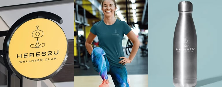 Hereszú Wellness Club storefront sign, woman in fitness attire at gym, and stainless steel water bottle on light blue background