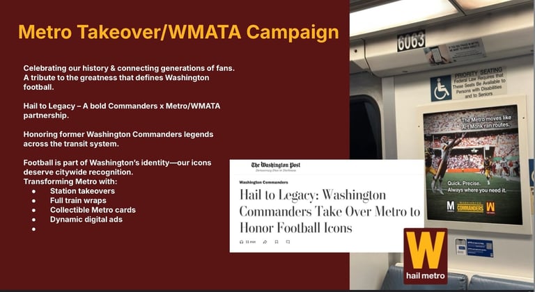 Metro Takeover WMATA Campaign display showing Hail to Legacy football icons advertising on transit station screen and materials