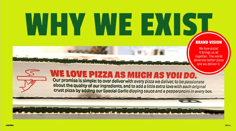Bright yellow promotional graphic showing a pizza brands mission statement about loving pizza as much as customers do, with brand vision badge.