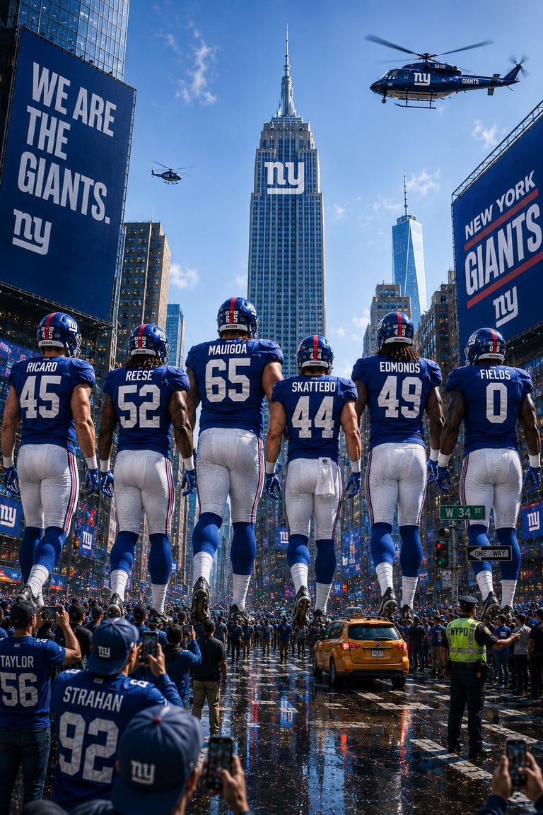 New York Giants players in full uniform standing in Times Square with Empire State Building and city skyline in background during parade