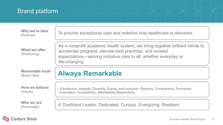 Brand platform infographic for Cedars Sinai healthcare system outlining mission, values, and brand messaging framework