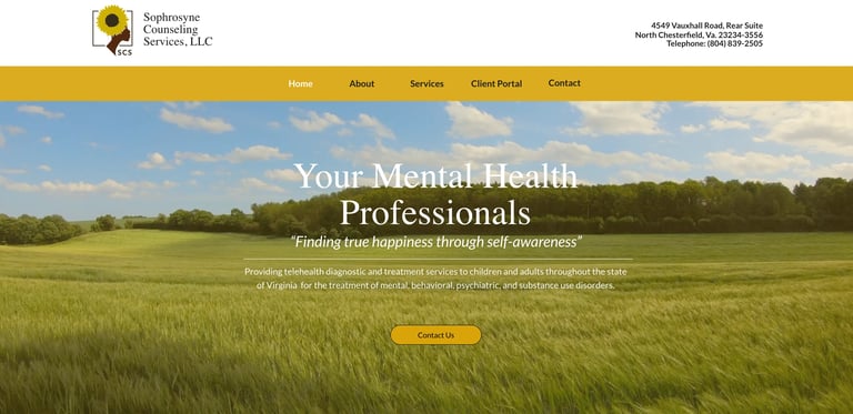 Sophrosyne Counseling Services website featuring scenic green field under blue sky