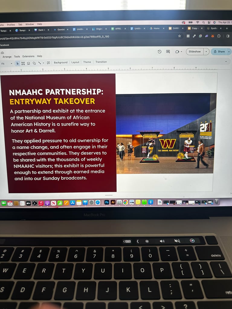 Presentation slide about NMAAHC Partnership Entryway Takeover showing museum entrance with blue signage and text describing the partnership initiative