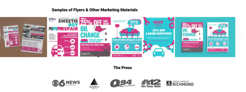 Samples of colorful marketing flyers and materials in pink and blue with text and promotional graphics