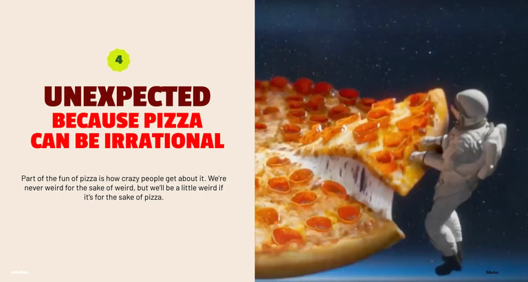 An astronaut in space humorously pushes a large slice of pepperoni pizza, with text reading Unexpected because pizza can be irrational