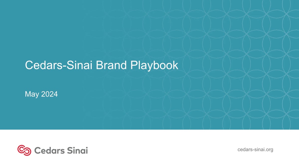 Cedars-Sinai Brand Playbook cover slide dated May 2024 with teal gradient background and logo