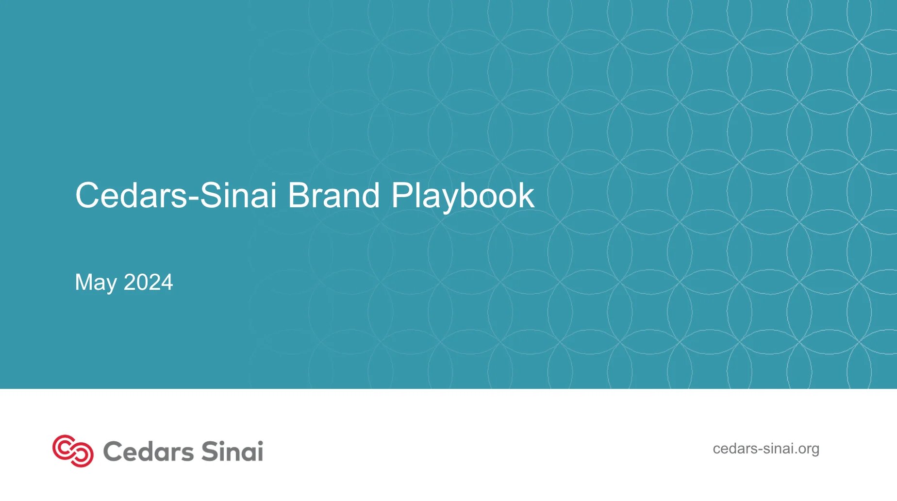 Cedars-Sinai Brand Playbook cover slide dated May 2024 with teal gradient background and logo