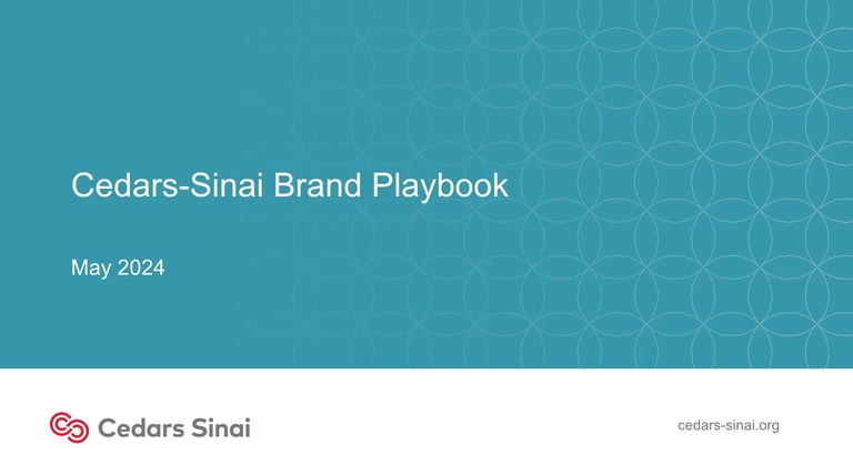 Cedars-Sinai Brand Playbook cover slide dated May 2024 with teal gradient background and logo