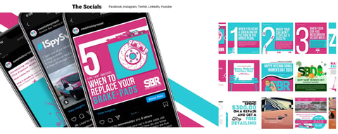 The Socials mobile app interface displayed on multiple smartphone screens showing pink and turquoise social media content templates