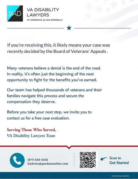 VA Disability Lawyers at Goodman Allen Donnelly letter about Board of Veterans Appeals case decision and appeals process