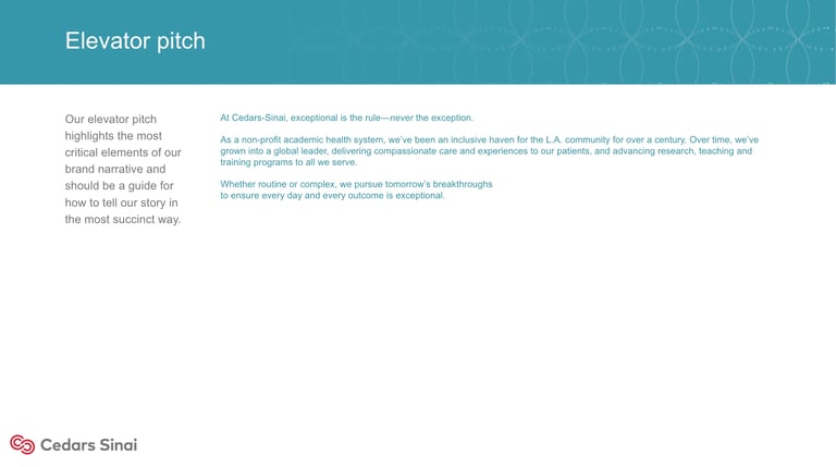 Elevator pitch webpage for Cedars Sinai with teal header, introductory text about brand narrative, and logo