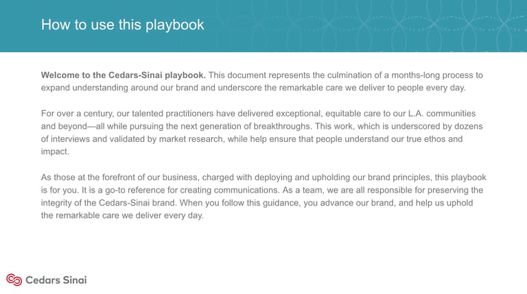 Welcome page of Cedars-Sinai playbook document explaining the organizations brand principles and care delivery guidelines