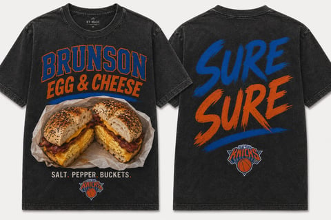 Front and back view of black New York Knicks t-shirts featuring egg and cheese sandwiches and Sure Sure text graphics