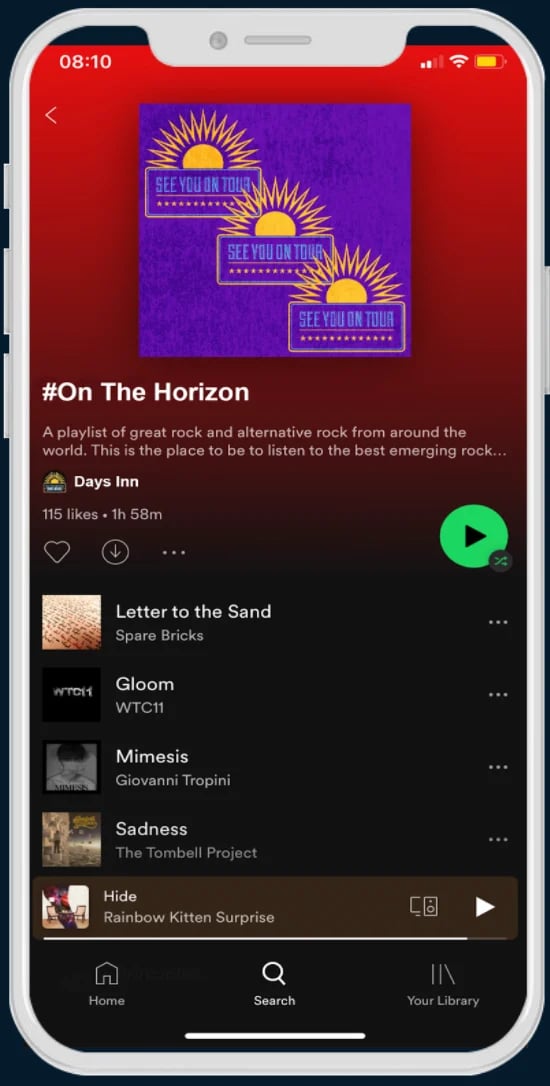 Spotify playlist interface showing On The Horizon rock music playlist with purple album artwork and song list