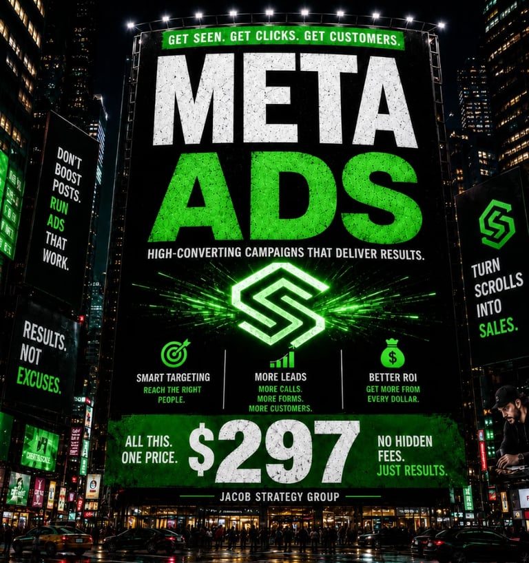 Bright neon green Meta Ads billboard in Times Square advertising digital marketing services with pricing and features at night
