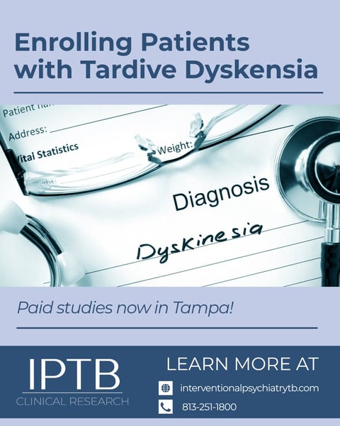 Clinical research flyer for enrolling tardive dyskinesia patients in paid studies in Tampa