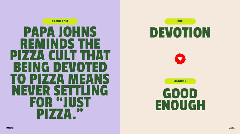 Two-panel image with Papa Johns devotion quote on left and Against Good Enough message on right in green and yellow text