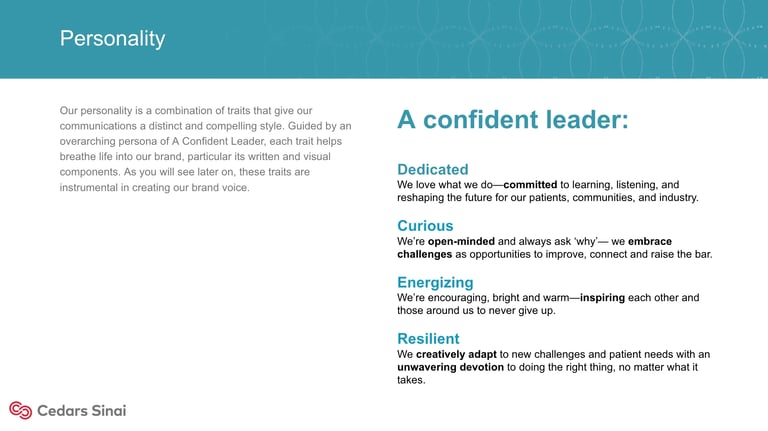 Personality traits of a confident leader including dedicated, curious, energizing, and resilient characteristics with descriptive text.