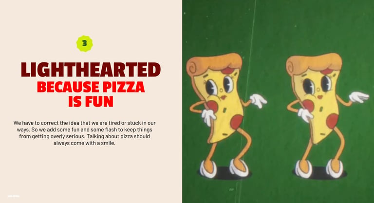 Two animated pizza slices with smiling faces and walking legs on green background, with Lighthearted Because Pizza is Fun text on beige side