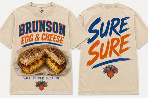 Front and back view of cream-colored Knicks t-shirt with Brunson Egg & Cheese graphic and Sure Sure slogan