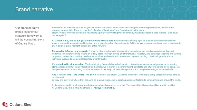 Brand narrative webpage for Cedars Sinai with teal header and multiple paragraphs of text describing organizational values and mission