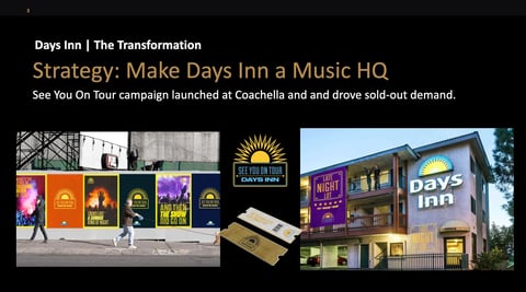 Days Inn marketing campaign showing music HQ strategy with colorful storefront signage and venue photos from See You On Tour concert promotion