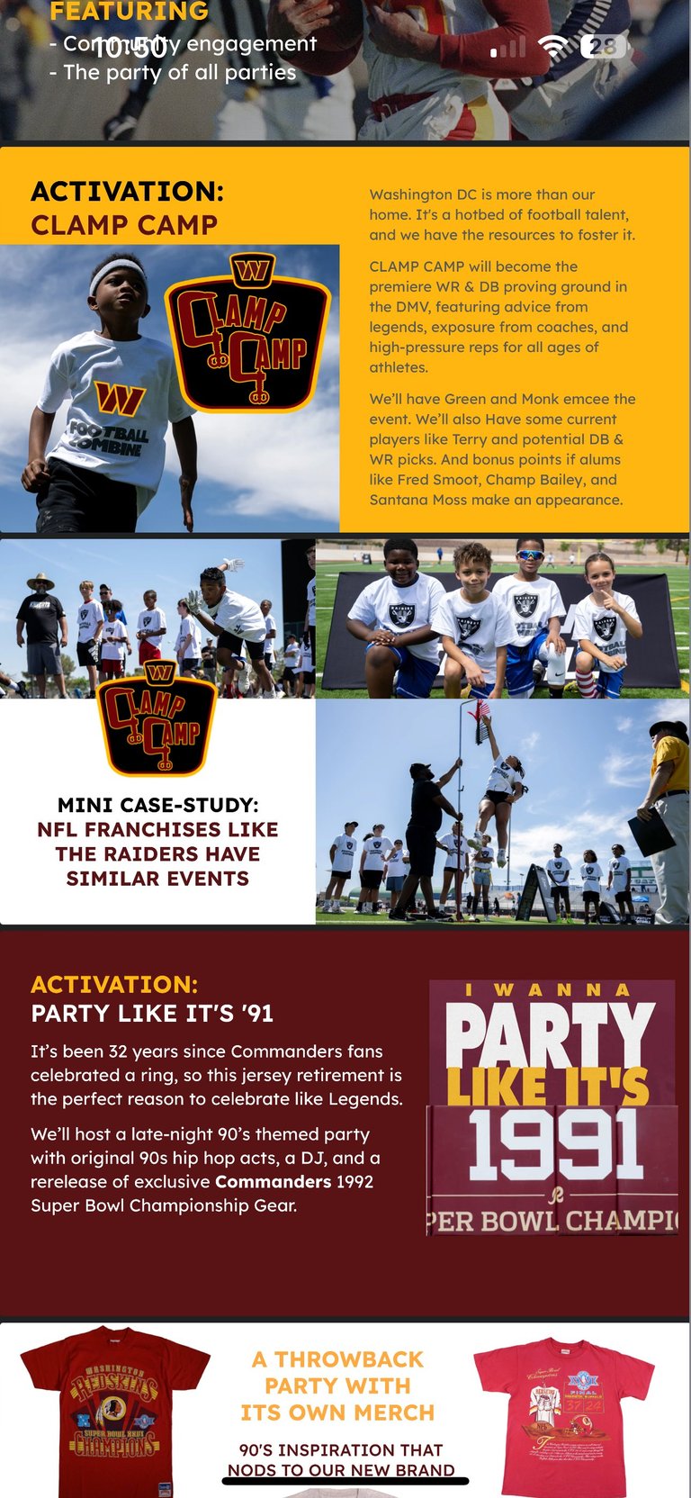 Infographic detailing Washington Commanders fan activations including CLAMP CAMP football training, NFL franchise case study, and Party Like Its 91 throwback event