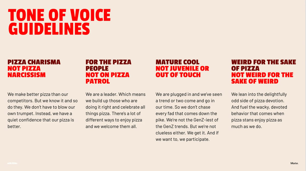 Tone of voice guidelines document with four columns describing pizza brand personality traits and values