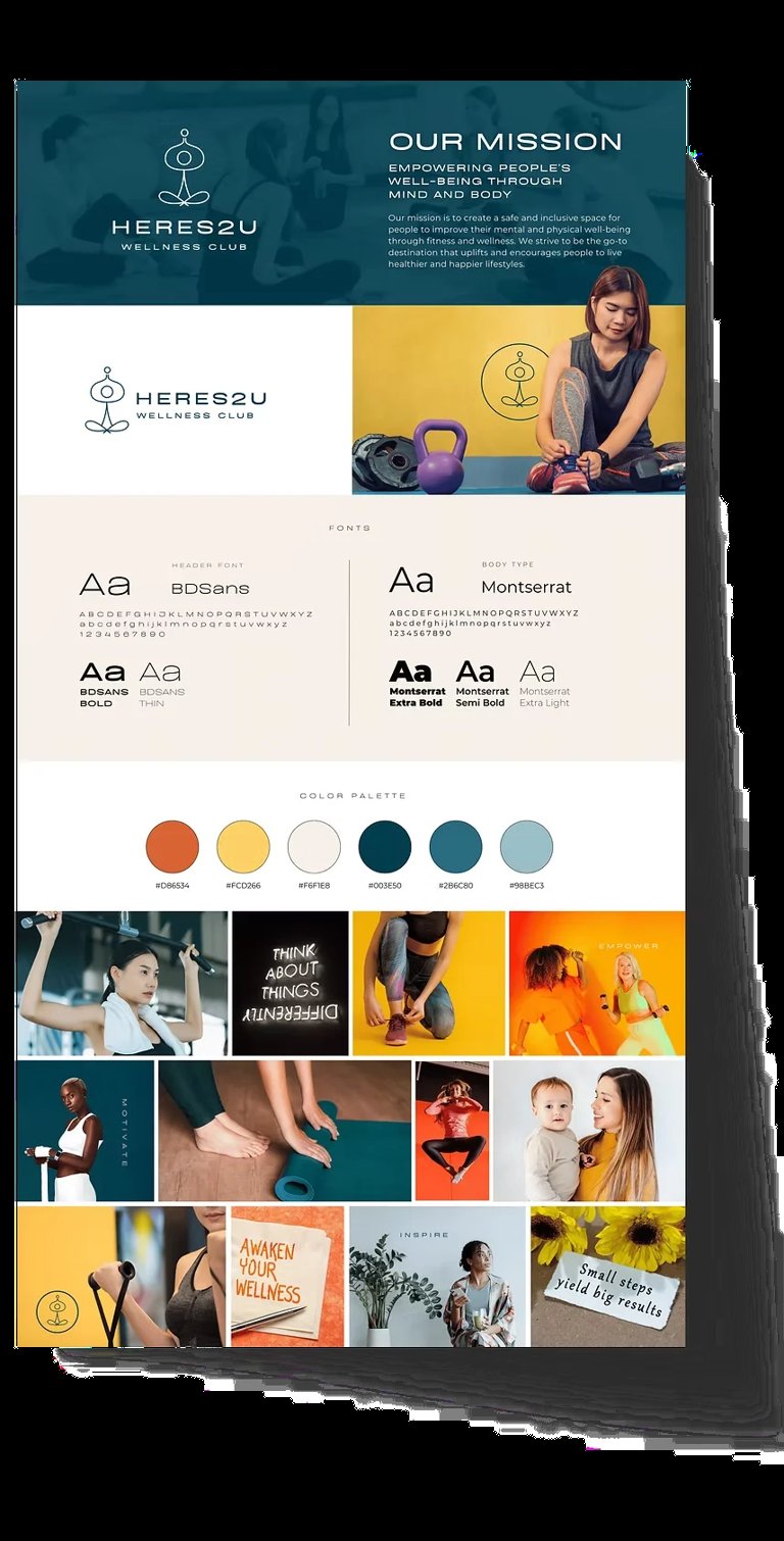 Heres2u Wellness Club brand guideline document showing logo, mission, typography, color palette, and lifestyle photography