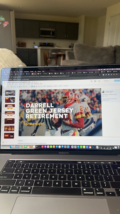 Laptop displaying a presentation about Darrell Greens Jersey Retirement strategy with a football player image in the background