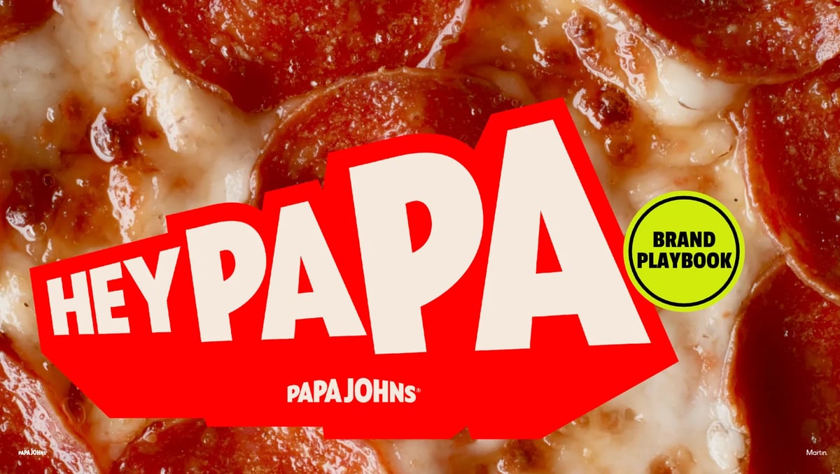 Papa Johns Hey Papa promotional image with pepperoni pizza background and Brand Playbook yellow circle badge