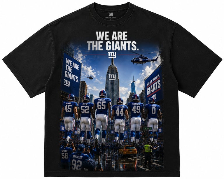 Black New York Giants t-shirt featuring players and NYC skyline with text We Are The Giants