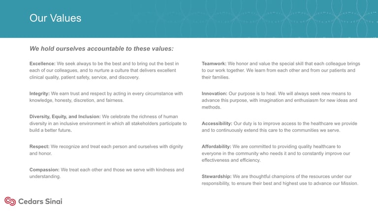 Our Values statement listing core principles including Excellence, Integrity, Diversity, Respect, and Compassion with descriptions for each value