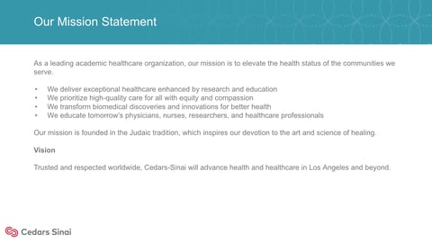 Cedars-Sinai mission, vision, and core values page with teal header