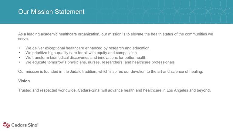 Mission statement webpage showing Cedars-Sinais healthcare mission, vision, and core values with teal header