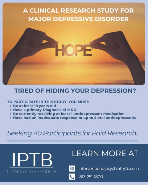 Clinical research study recruitment flyer for major depressive disorder with silhouetted hands holding the word Hope