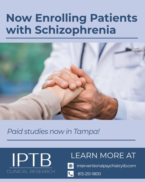 Healthcare provider and patient placing hands together, advertising schizophrenia clinical trial enrollment