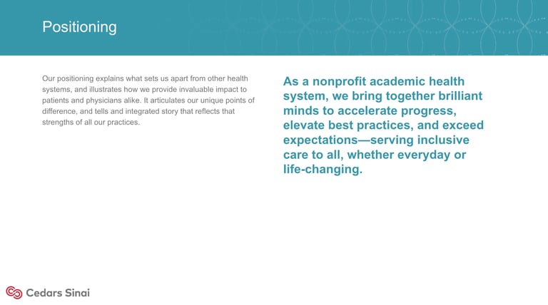 Cedars Sinai positioning statement describing their nonprofit academic health systems mission to serve patients with inclusive care.