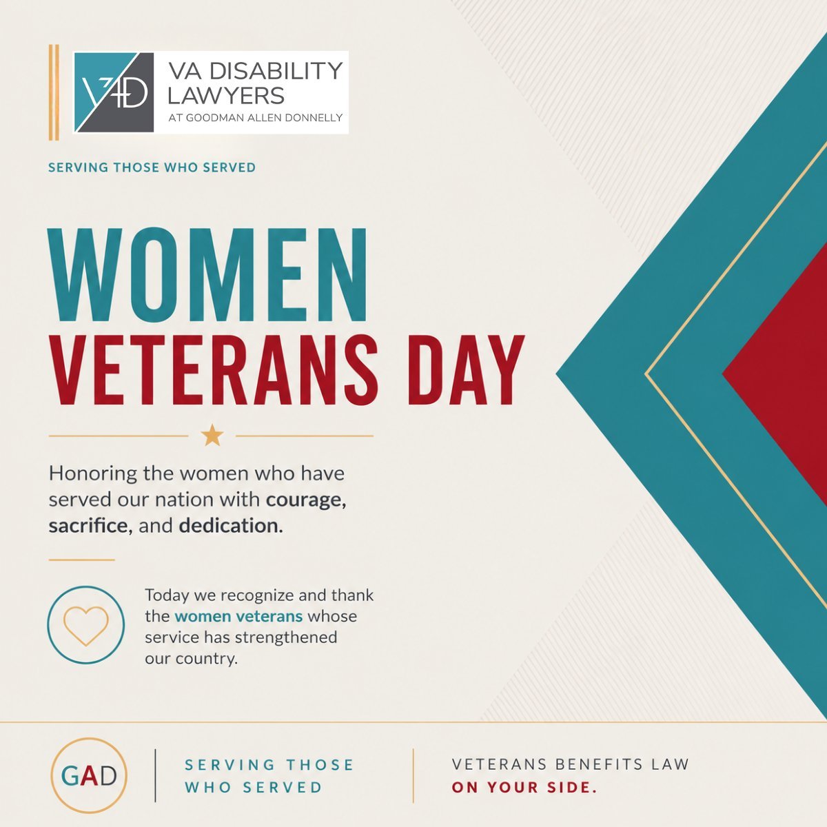 VA Disability Lawyers Women Veterans Day poster honoring women who served the nation with courage, sacrifice, and dedication