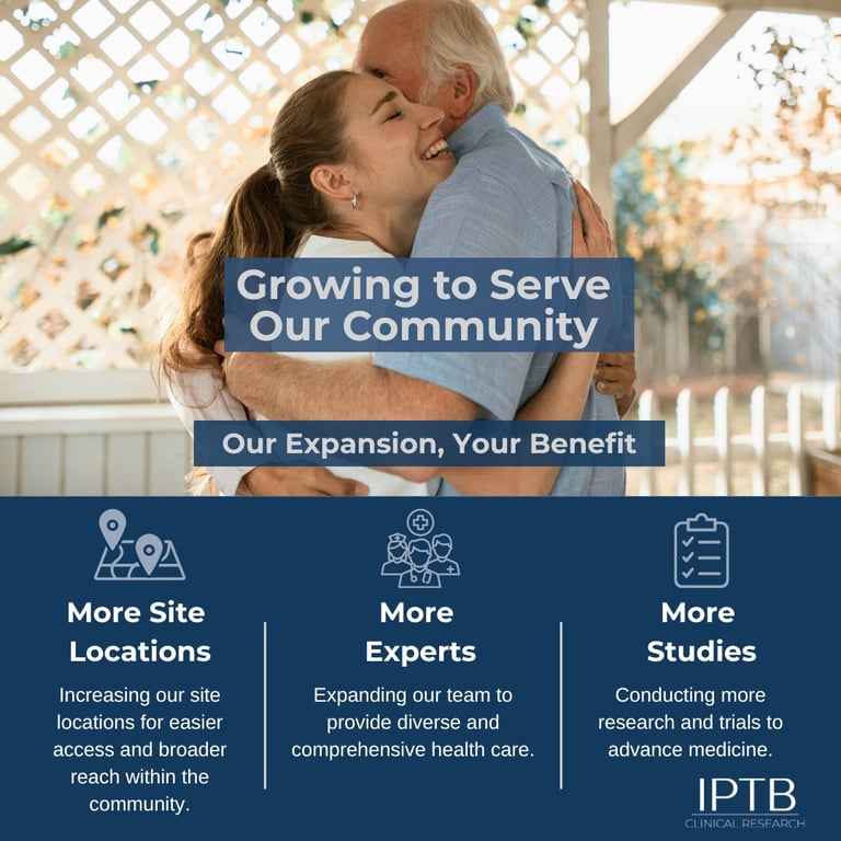 Elderly couple embracing with text Growing to Serve Our Community and three expansion benefits