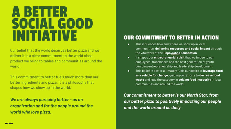 A Better Social Good Initiative document with yellow and green sections outlining commitment to better pizza and community action