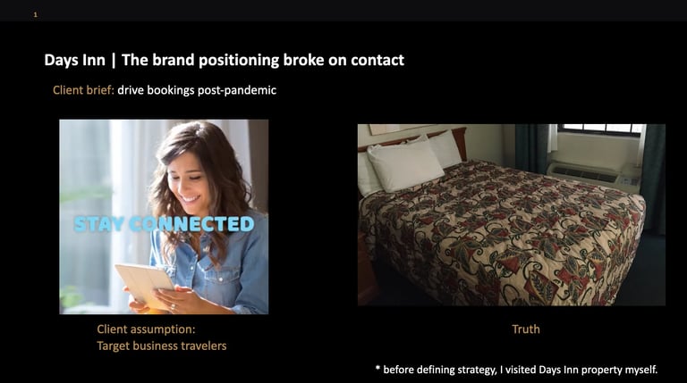 Case study showing Days Inn brand positioning with images of a businesswoman labeled Stay Connected and a hotel room bed labeled Truth