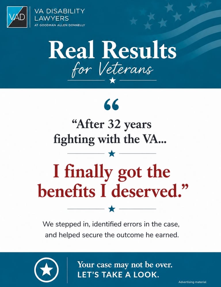 VA Disability Lawyers testimonial showing a veterans success story after 32 years fighting for VA benefits