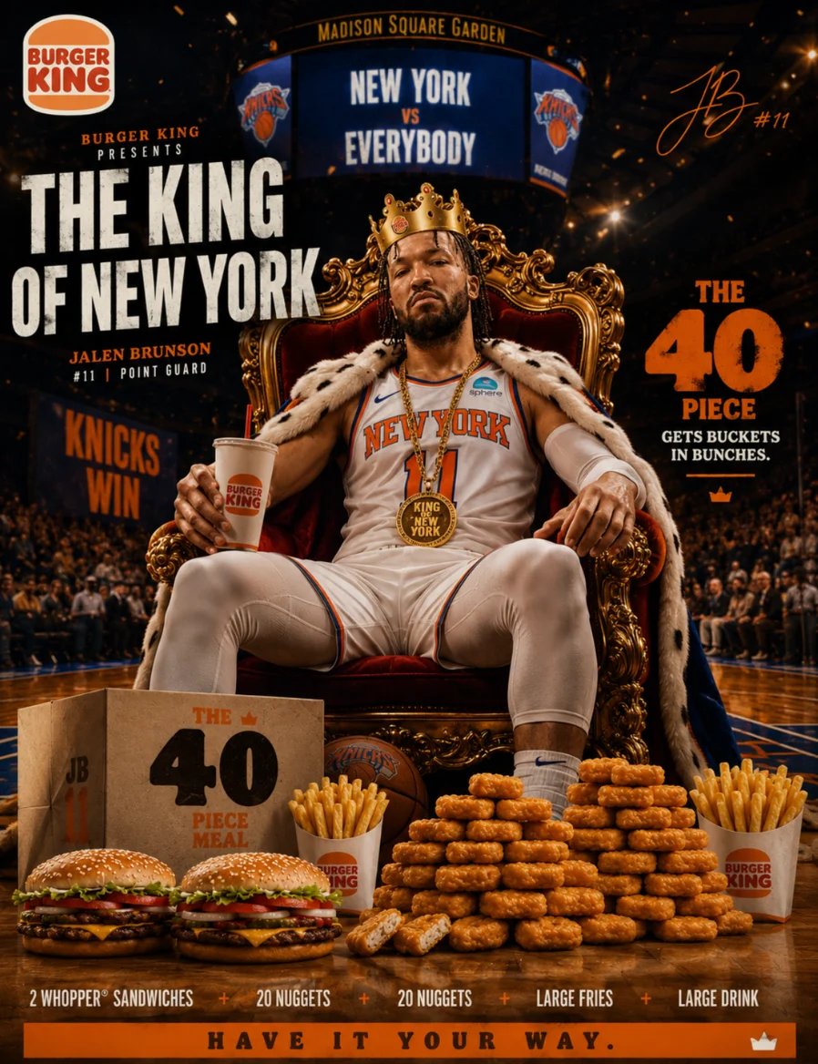 A Burger King promotional poster featuring a basketball player on a throne wearing a New York Knicks jersey, surrounded by Whopper sandwiches and chicken nuggets