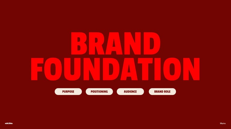 Red graphic showing BRAND FOUNDATION text with four labeled buttons below: Purpose, Positioning, Audience, and Brand Role