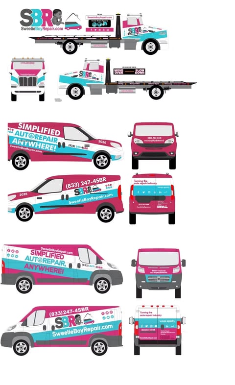 Multiple vehicle wrap designs for Sweetie Boy Repair auto shop